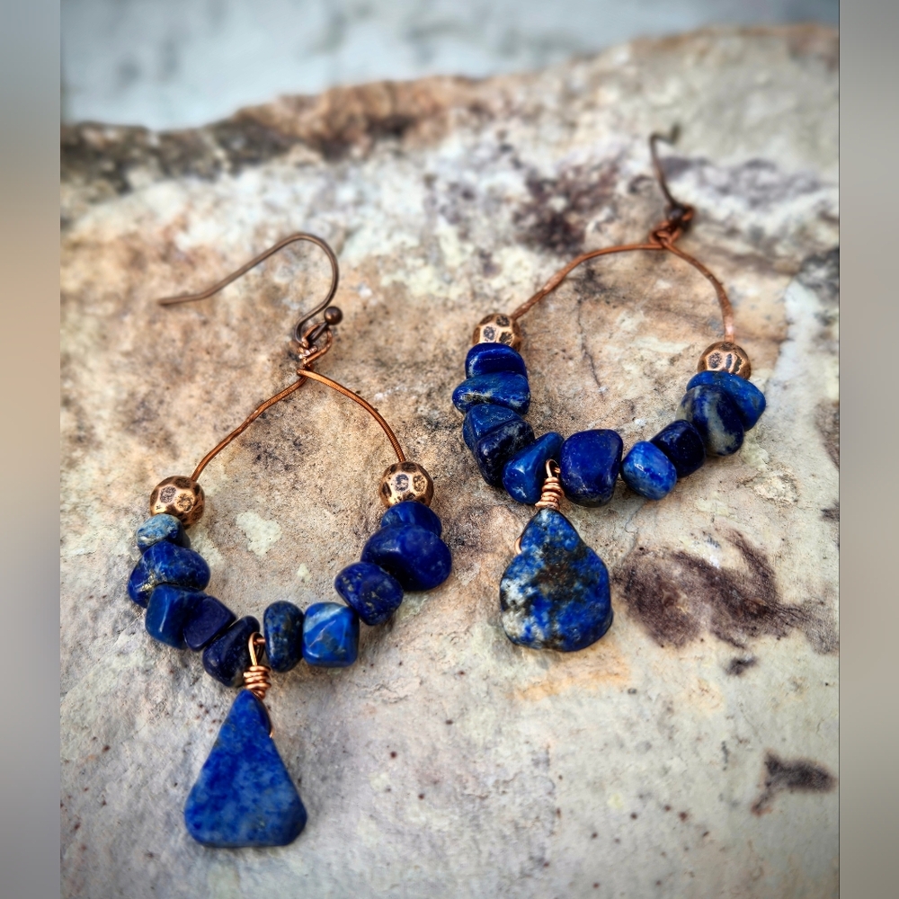 Egyptian Pharoah's Lapis Lazuli In Handcrafted Shaped Copper Drop Earrings